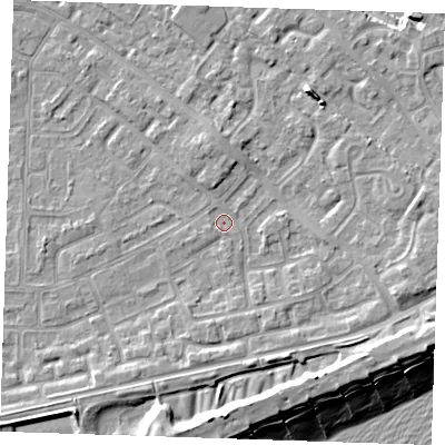 Shaded relief map of the ground around BN236BZ, computed from Environment Agency LiDAR. The ground here sits at about 3 m above sea level and falls 12 m across the surrounding 800 m. Surface water reaching this point runs off ground lying to the north-north-east, 3.8 m higher.