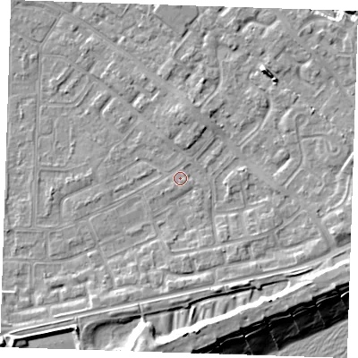 Shaded relief map of the ground around BN236DA, computed from Environment Agency LiDAR. The ground here sits at about 3 m above sea level and falls 12 m across the surrounding 800 m. Surface water reaching this point runs off ground lying to the north-east, 3.8 m higher.