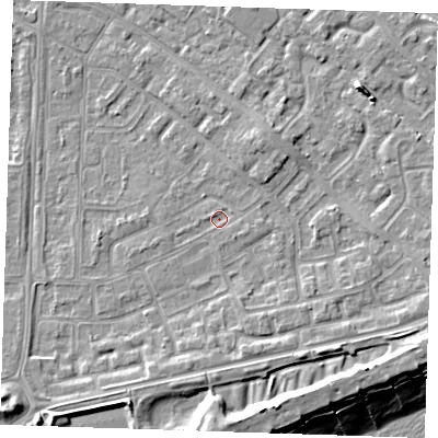 Shaded relief map of the ground around BN236DB, computed from Environment Agency LiDAR. The ground here sits at about 3 m above sea level and falls 12 m across the surrounding 800 m. Surface water reaching this point runs off ground lying to the north-east, 3.8 m higher.