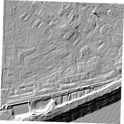 Shaded relief map of the ground around BN236DD, computed from Environment Agency LiDAR. The ground here sits at about 3 m above sea level and falls 13 m across the surrounding 800 m. Surface water reaching this point runs off ground lying to the south-south-east, 1.6 m higher.