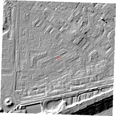 Shaded relief map of the ground around BN236DE, computed from Environment Agency LiDAR. The ground here sits at about 3 m above sea level and falls 13 m across the surrounding 800 m. Surface water reaching this point runs off ground lying to the east, 0.8 m higher.