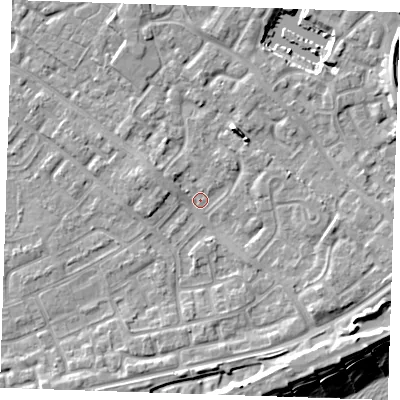 Shaded relief map of the ground around BN236DF, computed from Environment Agency LiDAR. The ground here sits at about 3 m above sea level and falls 12 m across the surrounding 800 m. Surface water reaching this point runs off ground lying to the south-east, 4.0 m higher.