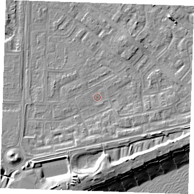 Shaded relief map of the ground around BN236DG, computed from Environment Agency LiDAR. The ground here sits at about 3 m above sea level and falls 13 m across the surrounding 800 m. Surface water reaching this point runs off ground lying to the south-east, 3.1 m higher.