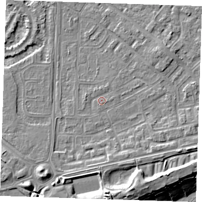 Shaded relief map of the ground around BN236DH, computed from Environment Agency LiDAR. The ground here sits at about 3 m above sea level and falls 13 m across the surrounding 800 m. Surface water reaching this point runs off ground lying to the east, 0.9 m higher.