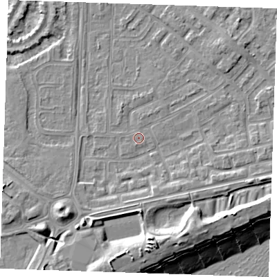 Shaded relief map of the ground around BN236DJ, computed from Environment Agency LiDAR. The ground here sits at about 3 m above sea level and falls 13 m across the surrounding 800 m. Surface water reaching this point runs off ground lying to the north-north-east, 0.8 m higher.
