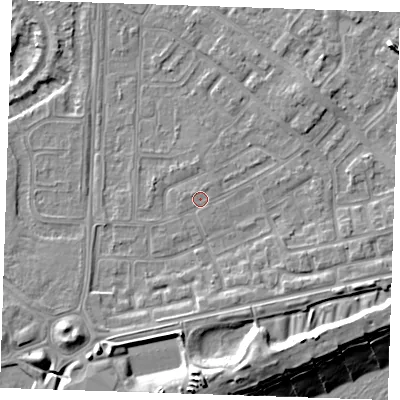 Shaded relief map of the ground around BN236DL, computed from Environment Agency LiDAR. The ground here sits at about 3 m above sea level and falls 13 m across the surrounding 800 m. Surface water reaching this point runs off ground lying to the north-north-west, 0.8 m higher.
