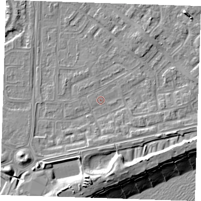 Shaded relief map of the ground around BN236DP, computed from Environment Agency LiDAR. The ground here sits at about 3 m above sea level and falls 13 m across the surrounding 800 m. Surface water reaching this point runs off ground lying to the east-south-east, 3.1 m higher.