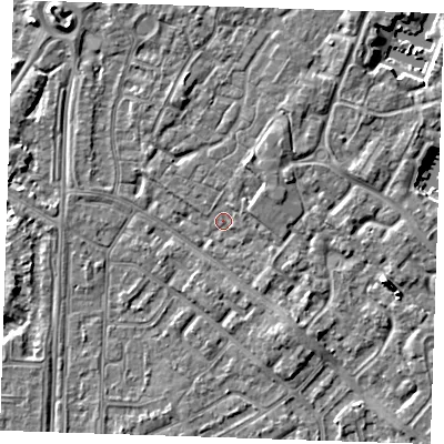 Shaded relief map of the ground around BN236DQ, computed from Environment Agency LiDAR. The ground here sits at about 3 m above sea level and falls 6 m across the surrounding 800 m. Surface water reaching this point runs off ground lying to the north-east, 1.6 m higher.