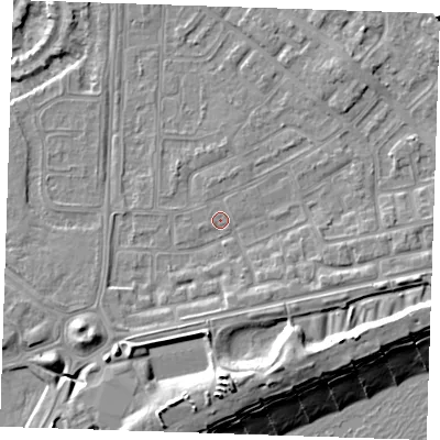 Shaded relief map of the ground around BN236DR, computed from Environment Agency LiDAR. The ground here sits at about 3 m above sea level and falls 13 m across the surrounding 800 m. Surface water reaching this point runs off ground lying to the east-south-east, 3.1 m higher.
