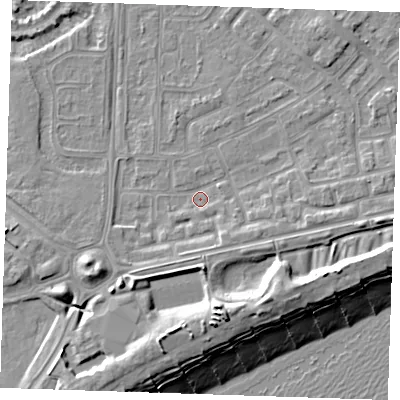 Shaded relief map of the ground around BN236DS, computed from Environment Agency LiDAR. The ground here sits at about 3 m above sea level and falls 13 m across the surrounding 800 m. Surface water reaching this point runs off ground lying to the east, 3.1 m higher.