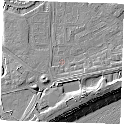 Shaded relief map of the ground around BN236DT, computed from Environment Agency LiDAR. The ground here sits at about 3 m above sea level and falls 13 m across the surrounding 800 m. Surface water reaching this point runs off ground lying to the south-south-west, 4.4 m higher.