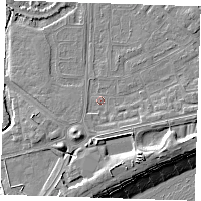 Shaded relief map of the ground around BN236DU, computed from Environment Agency LiDAR. The ground here sits at about 3 m above sea level and falls 13 m across the surrounding 800 m. Surface water reaching this point runs off ground lying to the south-south-west, 4.4 m higher.