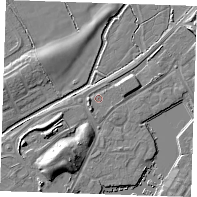 Shaded relief map of the ground around BN236DW, computed from Environment Agency LiDAR. The ground here sits at about 4 m above sea level and falls 11 m across the surrounding 800 m. Surface water reaching this point runs off ground lying to the north-east, 1.1 m higher.