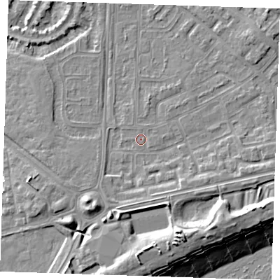 Shaded relief map of the ground around BN236DX, computed from Environment Agency LiDAR. The ground here sits at about 3 m above sea level and falls 13 m across the surrounding 800 m. Surface water reaching this point runs off ground lying to the south-south-west, 4.4 m higher.