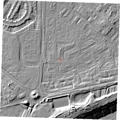 Shaded relief map of the ground around BN236DY, computed from Environment Agency LiDAR. The ground here sits at about 3 m above sea level and falls 13 m across the surrounding 800 m. Surface water reaching this point runs off ground lying to the east-north-east, 1.0 m higher.