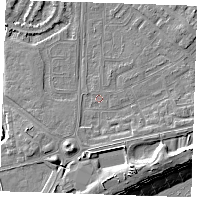 Shaded relief map of the ground around BN236DZ, computed from Environment Agency LiDAR. The ground here sits at about 3 m above sea level and falls 13 m across the surrounding 800 m. Surface water reaching this point runs off ground lying to the south-south-west, 4.5 m higher.
