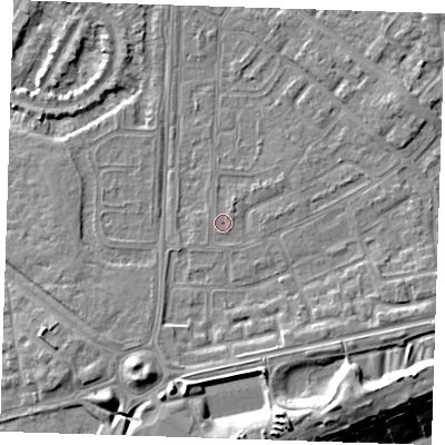 Shaded relief map of the ground around BN236EA, computed from Environment Agency LiDAR. The ground here sits at about 3 m above sea level and falls 13 m across the surrounding 800 m. Surface water reaching this point runs off ground lying to the east, 1.0 m higher.
