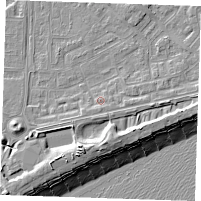 Shaded relief map of the ground around BN236EB, computed from Environment Agency LiDAR. The ground here sits at about 4 m above sea level and falls 13 m across the surrounding 800 m. Surface water reaching this point runs off ground lying to the south, 1.4 m higher.