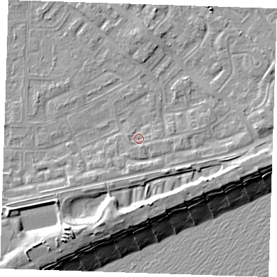 Shaded relief map of the ground around BN236ED, computed from Environment Agency LiDAR. The ground here sits at about 4 m above sea level and falls 13 m across the surrounding 800 m. Surface water reaching this point runs off ground lying to the south-east, 1.4 m higher.