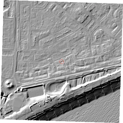 Shaded relief map of the ground around BN236EE, computed from Environment Agency LiDAR. The ground here sits at about 3 m above sea level and falls 13 m across the surrounding 800 m. Surface water reaching this point runs off ground lying to the east-south-east, 2.9 m higher.