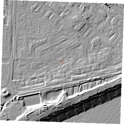 Shaded relief map of the ground around BN236EF, computed from Environment Agency LiDAR. The ground here sits at about 3 m above sea level and falls 13 m across the surrounding 800 m. Surface water reaching this point runs off ground lying to the east-south-east, 3.0 m higher.