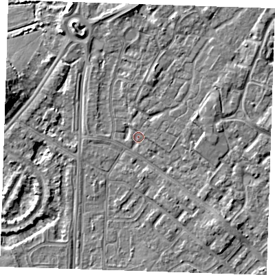 Shaded relief map of the ground around BN236EG, computed from Environment Agency LiDAR. The ground here sits at about 3 m above sea level and falls 6 m across the surrounding 800 m. Surface water reaching this point runs off ground lying to the north, 3.1 m higher.