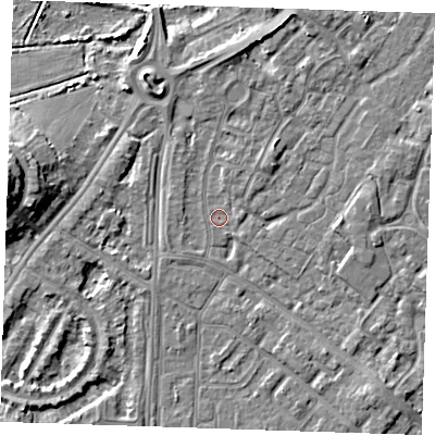 Shaded relief map of the ground around BN236EH, computed from Environment Agency LiDAR. The ground here sits at about 3 m above sea level and falls 10 m across the surrounding 800 m. Surface water reaching this point runs off ground lying to the north-north-east, 3.2 m higher.