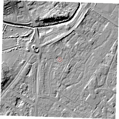 Shaded relief map of the ground around BN236EJ, computed from Environment Agency LiDAR. The ground here sits at about 3 m above sea level and falls 9 m across the surrounding 800 m. Surface water reaching this point runs off ground lying to the north-north-west, 0.8 m higher.
