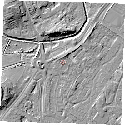 Shaded relief map of the ground around BN236EL, computed from Environment Agency LiDAR. The ground here sits at about 4 m above sea level and falls 10 m across the surrounding 800 m. Surface water reaching this point runs off ground lying to the north-north-east, 1.5 m higher.