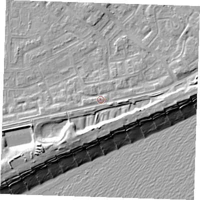 Shaded relief map of the ground around BN236EN, computed from Environment Agency LiDAR. The ground here sits at about 5 m above sea level and falls 13 m across the surrounding 800 m. Surface water reaching this point runs off ground lying to the east-south-east, 2.1 m higher.