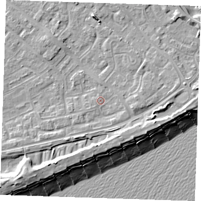 Shaded relief map of the ground around BN236EP, computed from Environment Agency LiDAR. The ground here sits at about 4 m above sea level and falls 12 m across the surrounding 800 m. Surface water reaching this point runs off ground lying to the south-south-east, 1.5 m higher.