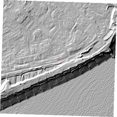 Shaded relief map of the ground around BN236EQ, computed from Environment Agency LiDAR. The ground here sits at about 5 m above sea level and falls 12 m across the surrounding 800 m. Surface water reaching this point runs off ground lying to the west-south-west, 5.0 m higher.