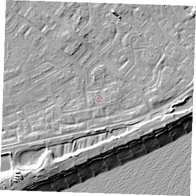 Shaded relief map of the ground around BN236ER, computed from Environment Agency LiDAR. The ground here sits at about 4 m above sea level and falls 13 m across the surrounding 800 m. Surface water reaching this point runs off ground lying to the south-west, 1.0 m higher.