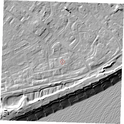 Shaded relief map of the ground around BN236ES, computed from Environment Agency LiDAR. The ground here sits at about 4 m above sea level and falls 13 m across the surrounding 800 m. Surface water reaching this point runs off ground lying to the south-east, 0.8 m higher.