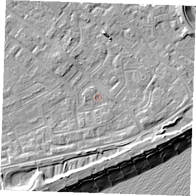 Shaded relief map of the ground around BN236ET, computed from Environment Agency LiDAR. The ground here sits at about 3 m above sea level and falls 12 m across the surrounding 800 m. Surface water reaching this point runs off ground lying to the south-south-west, 5.4 m higher.