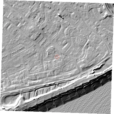 Shaded relief map of the ground around BN236EU, computed from Environment Agency LiDAR. The ground here sits at about 3 m above sea level and falls 13 m across the surrounding 800 m. Surface water reaching this point runs off ground lying to the south-west, 5.4 m higher.