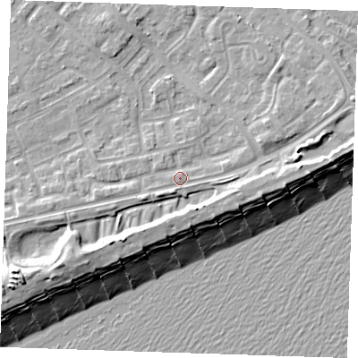 Shaded relief map of the ground around BN236EW, computed from Environment Agency LiDAR. The ground here sits at about 5 m above sea level and falls 13 m across the surrounding 800 m. Surface water reaching this point runs off ground lying to the south-west, 5.0 m higher.
