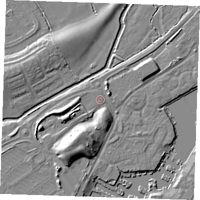 Shaded relief map of the ground around BN236FA, computed from Environment Agency LiDAR. The ground here sits at about 4 m above sea level and falls 11 m across the surrounding 800 m. Surface water reaching this point runs off ground lying to the south-south-west, 8.8 m higher.