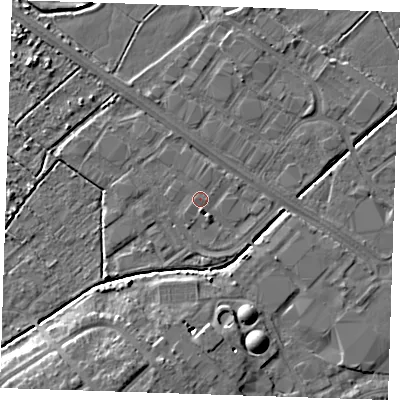 Shaded relief map of the ground around BN236FB, computed from Environment Agency LiDAR. The ground here sits at about 3 m above sea level and falls 8 m across the surrounding 800 m. Surface water reaching this point runs off ground lying to the south, 2.5 m higher.