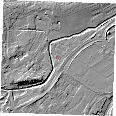 Shaded relief map of the ground around BN236FE, computed from Environment Agency LiDAR. The ground here sits at about 3 m above sea level and falls 9 m across the surrounding 800 m. Surface water reaching this point runs off ground lying to the south-south-east, 1.4 m higher.