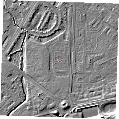 Shaded relief map of the ground around BN236HA, computed from Environment Agency LiDAR. The ground here sits at about 3 m above sea level and falls 9 m across the surrounding 800 m. Surface water reaching this point runs off ground lying to the south-south-west, 0.7 m higher.
