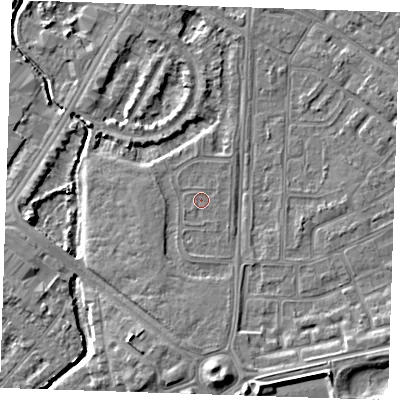 Shaded relief map of the ground around BN236HB, computed from Environment Agency LiDAR. The ground here sits at about 3 m above sea level and falls 7 m across the surrounding 800 m. Surface water reaching this point runs off ground lying to the south-south-west, 1.9 m higher.