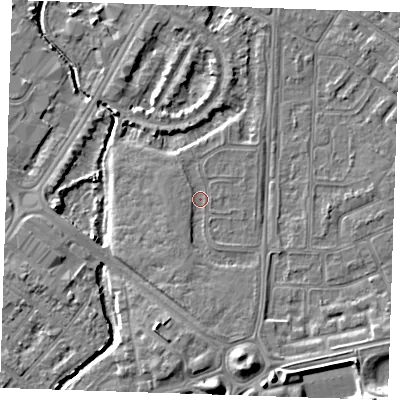 Shaded relief map of the ground around BN236HD, computed from Environment Agency LiDAR. The ground here sits at about 3 m above sea level and falls 8 m across the surrounding 800 m. Surface water reaching this point runs off ground lying to the south-south-west, 1.9 m higher.