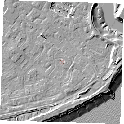 Shaded relief map of the ground around BN236HE, computed from Environment Agency LiDAR. The ground here sits at about 4 m above sea level and falls 13 m across the surrounding 800 m. Surface water reaching this point runs off ground lying to the east-south-east, 0.7 m higher.