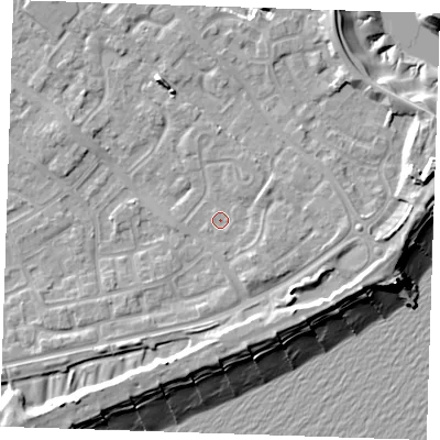 Shaded relief map of the ground around BN236HF, computed from Environment Agency LiDAR. The ground here sits at about 4 m above sea level and falls 13 m across the surrounding 800 m. Surface water reaching this point runs off ground lying to the south-east, 1.7 m higher.