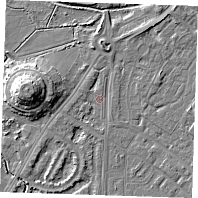 Shaded relief map of the ground around BN236HG, computed from Environment Agency LiDAR. The ground here sits at about 3 m above sea level and falls 12 m across the surrounding 800 m. Surface water reaching this point runs off ground lying to the west-south-west, 1.6 m higher.