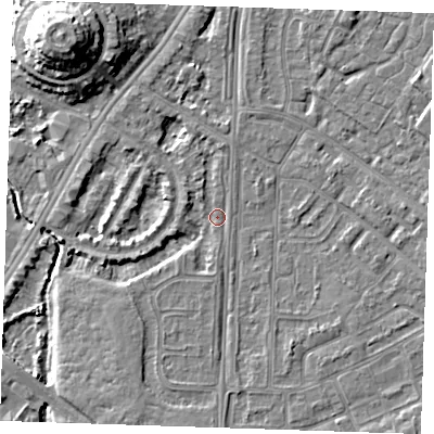 Shaded relief map of the ground around BN236HH, computed from Environment Agency LiDAR. The ground here sits at about 3 m above sea level and falls 12 m across the surrounding 800 m. Surface water reaching this point runs off ground lying to the south-west, 2.5 m higher.