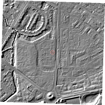 Shaded relief map of the ground around BN236HJ, computed from Environment Agency LiDAR. The ground here sits at about 3 m above sea level and falls 8 m across the surrounding 800 m. Surface water reaching this point runs off ground lying to the south, 5.3 m higher.