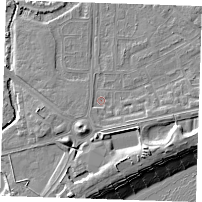 Shaded relief map of the ground around BN236HL, computed from Environment Agency LiDAR. The ground here sits at about 3 m above sea level and falls 13 m across the surrounding 800 m. Surface water reaching this point runs off ground lying to the south, 4.3 m higher.