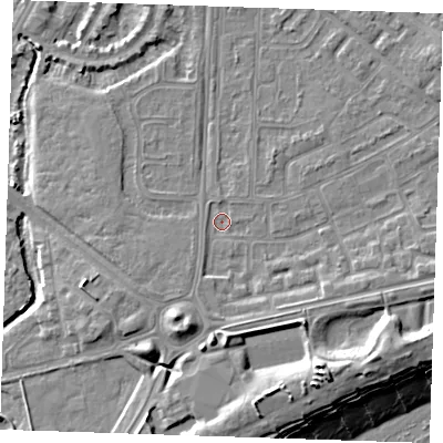 Shaded relief map of the ground around BN236HN, computed from Environment Agency LiDAR. The ground here sits at about 3 m above sea level and falls 13 m across the surrounding 800 m. Surface water reaching this point runs off ground lying to the south, 4.5 m higher.